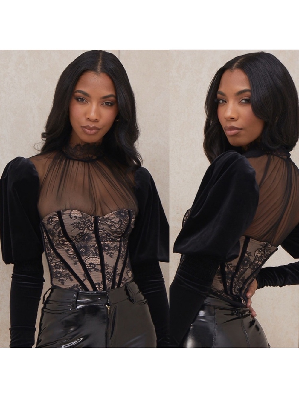 HOUSE OF CB 'Athenea' Black Lace Bodysuit romantic Velvet Puff Sleeve Corset M - Picture 3 of 13